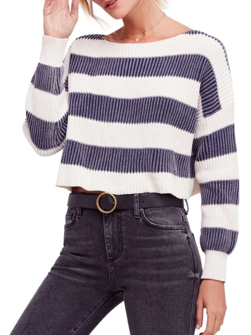Free People Striped Crop Sweater - White & Navy